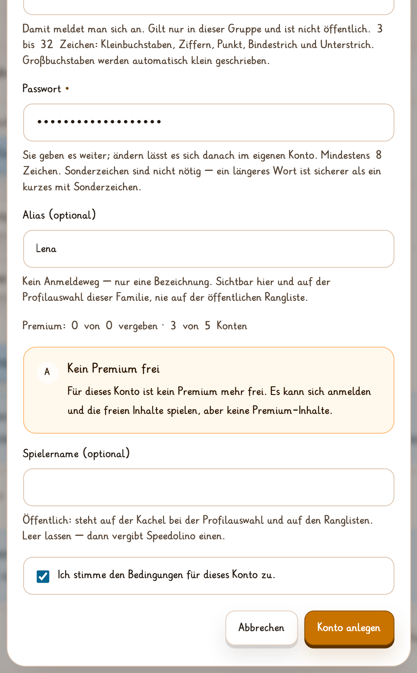 Der Dialog „Konto anlegen“, nach unten gerollt: Passwort, Alias „Lena“, der Hinweis „Kein Premium frei“, das leere Feld Spielername und das gesetzte Häkchen „Ich stimme den Bedingungen für dieses Konto zu.“