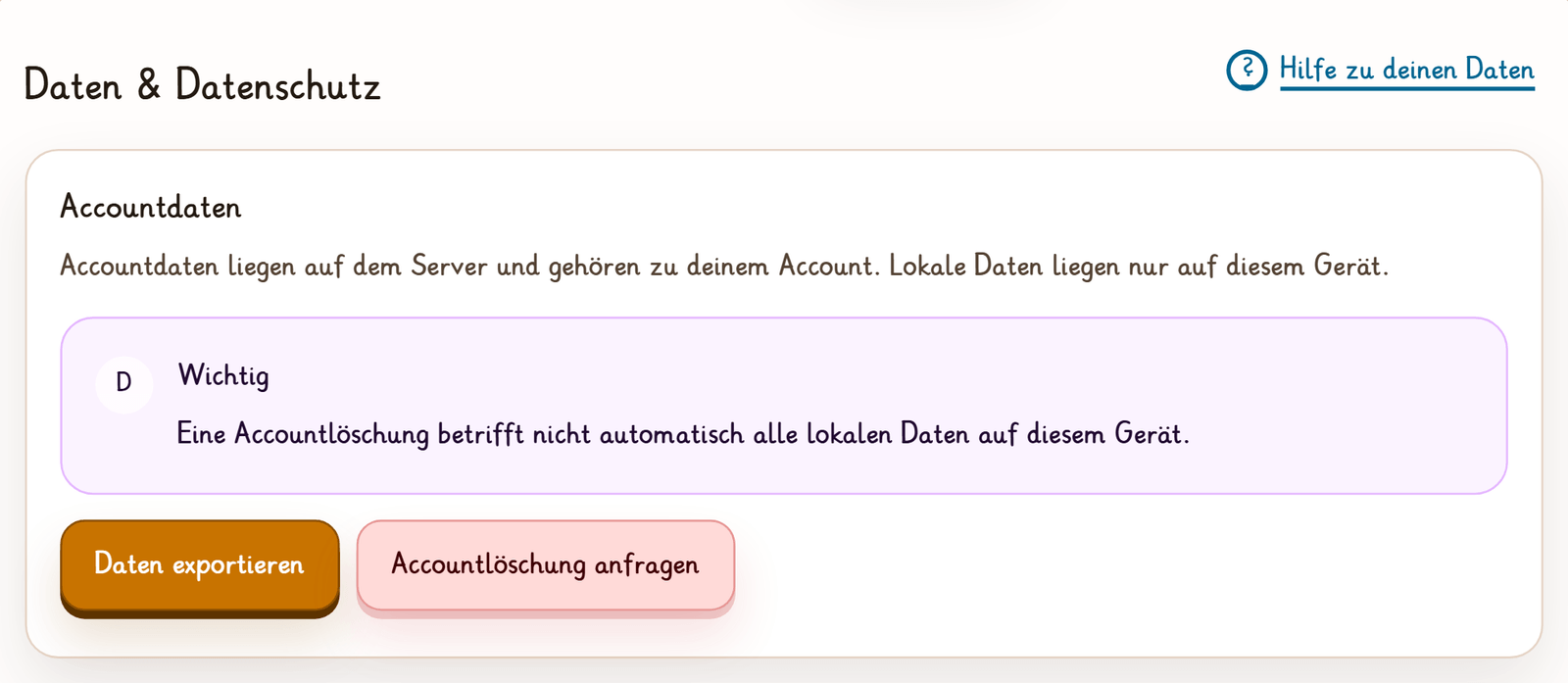 Der Abschnitt „Daten & Datenschutz“: der Hinweis, dass eine Accountlöschung nicht alle lokalen Daten betrifft, und die Knöpfe „Daten exportieren“ und „Accountlöschung anfragen“.