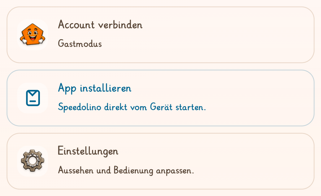 Ein Ausschnitt aus dem aufgeklappten Menü: „Account verbinden“, darunter der blau hervorgehobene Eintrag „App installieren — Speedolino direkt vom Gerät starten“ und „Einstellungen“.