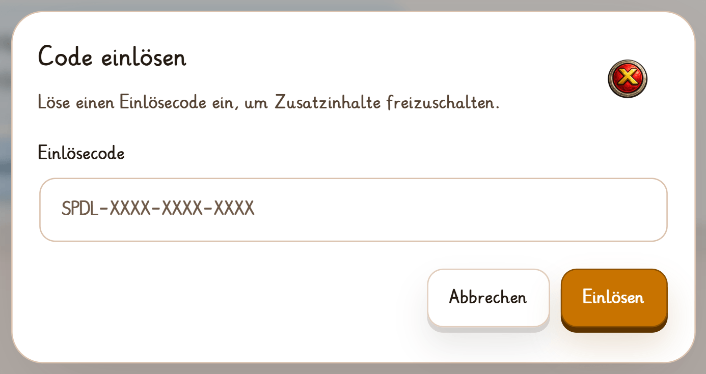 Der Dialog „Code einlösen“ mit dem Feld Einlösecode, darin grau die Vorlage SPDL-XXXX-XXXX-XXXX, und den Knöpfen „Abbrechen“ und „Einlösen“.