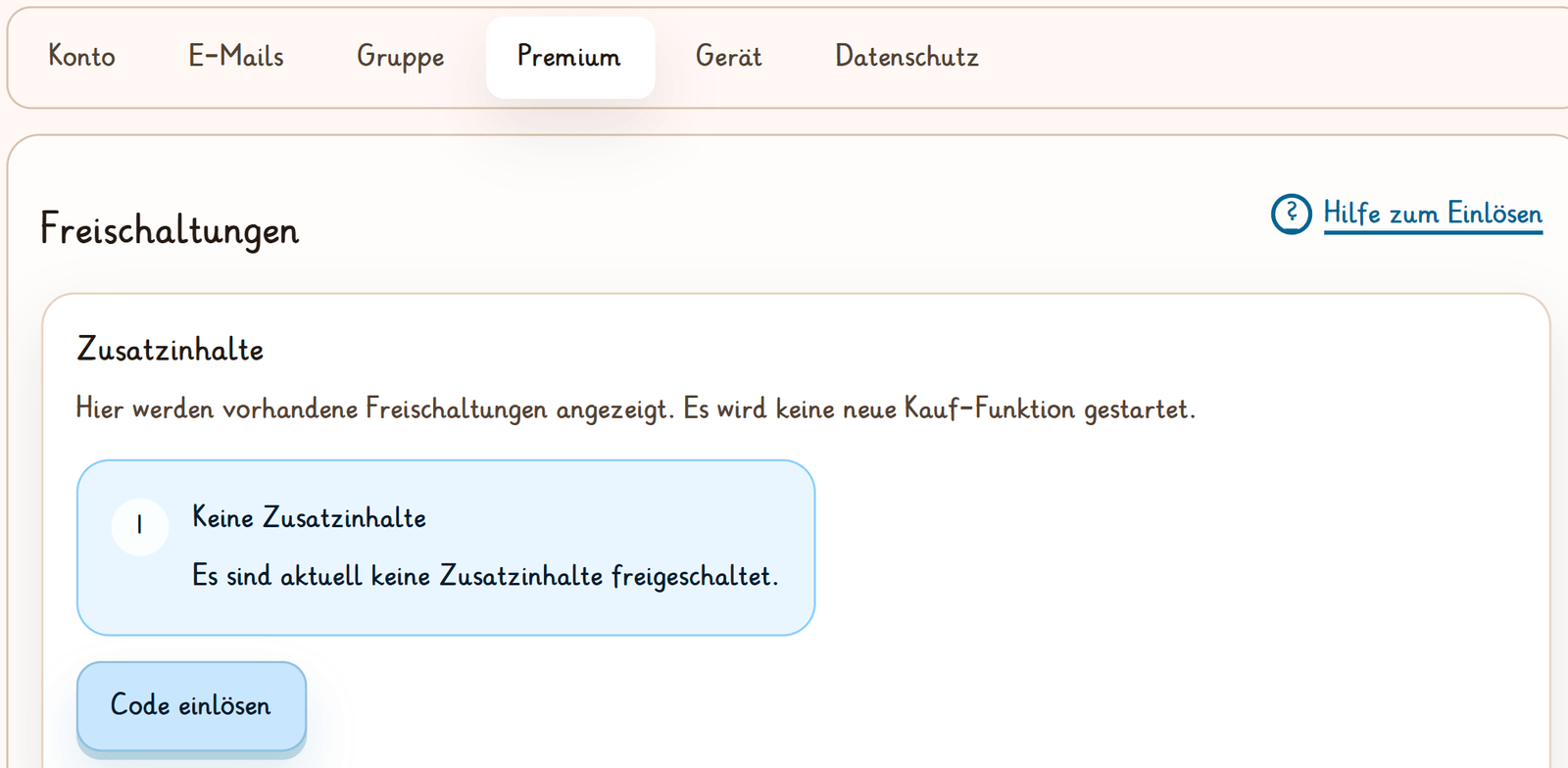Der Reiter Premium der Ansicht Account: Abschnitt Freischaltungen mit „Keine Zusatzinhalte“ und dem Knopf „Code einlösen“, rechts oben der Verweis „Hilfe zum Einlösen“.