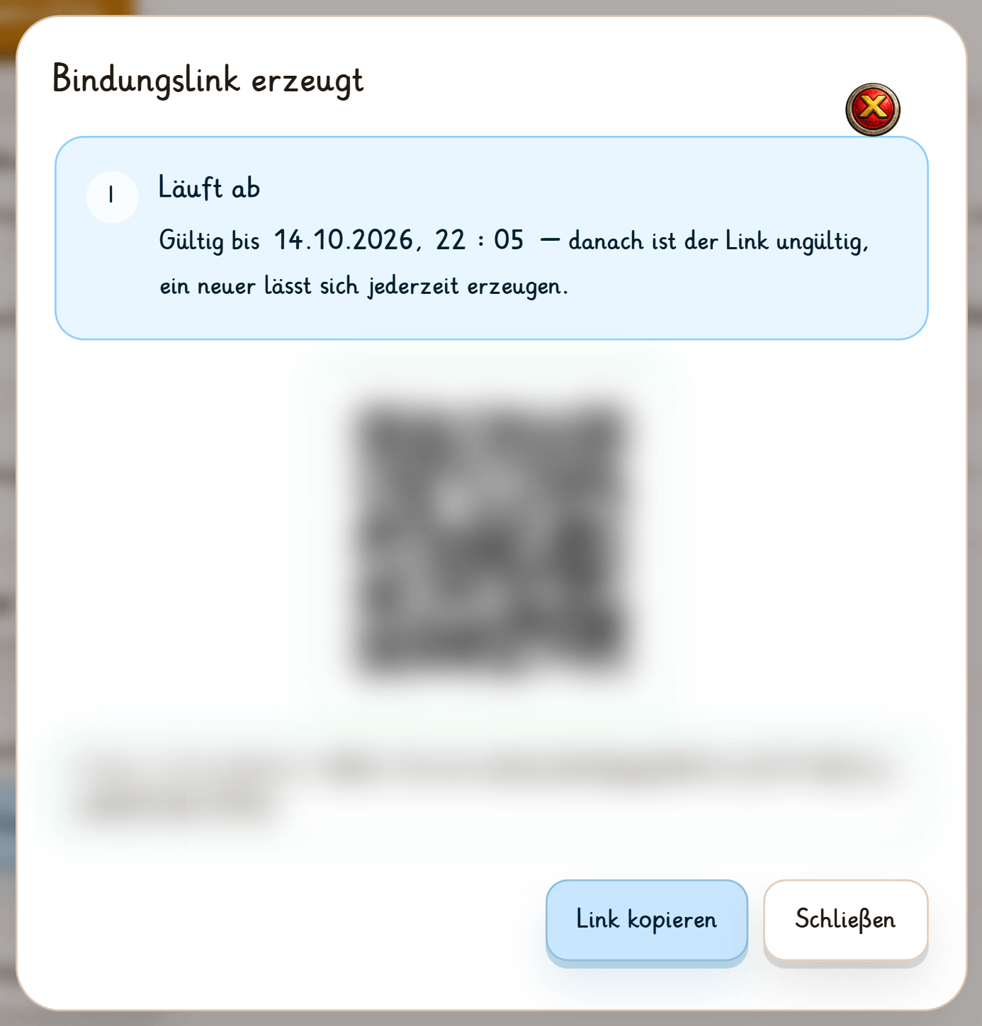 Der Dialog „Bindungslink erzeugt“: Der Link läuft am selben Abend ab, darunter QR-Code und Link (hier unkenntlich gemacht) und die Knöpfe „Link kopieren“ und „Schließen“.