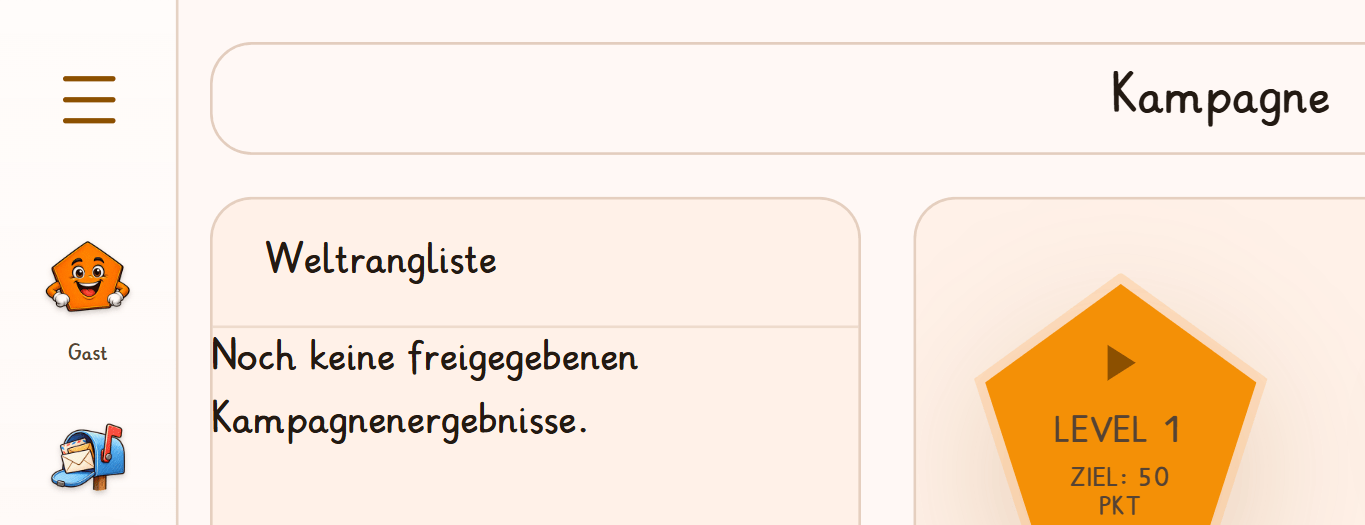 Die Leiste links am Bildschirmrand: ganz oben das Menü mit den drei Strichen, darunter das Profilbild mit „Gast“ und die Post; rechts daneben die Kampagne.